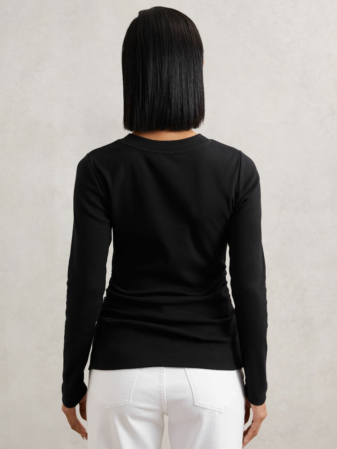 Cotton Long-Sleeve Ruched T-Shirt with Stretch in Black