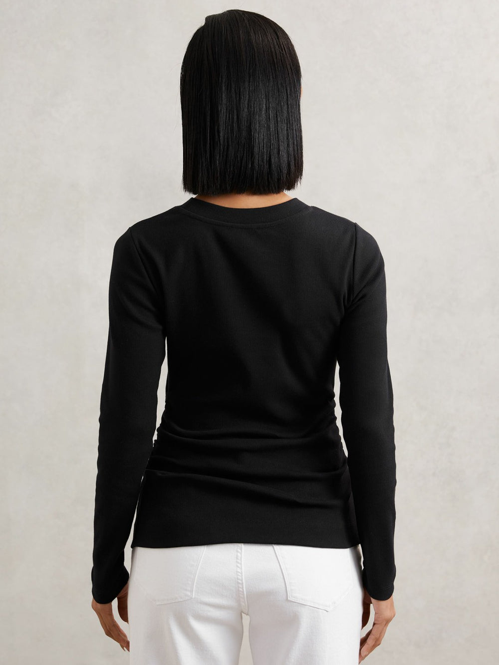 Cotton Long-Sleeve Ruched T-Shirt with Stretch in Black