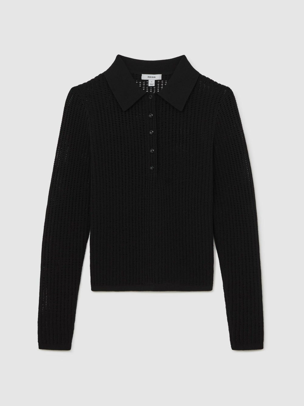 Open-Knit Long-Sleeve Polo Top in Black