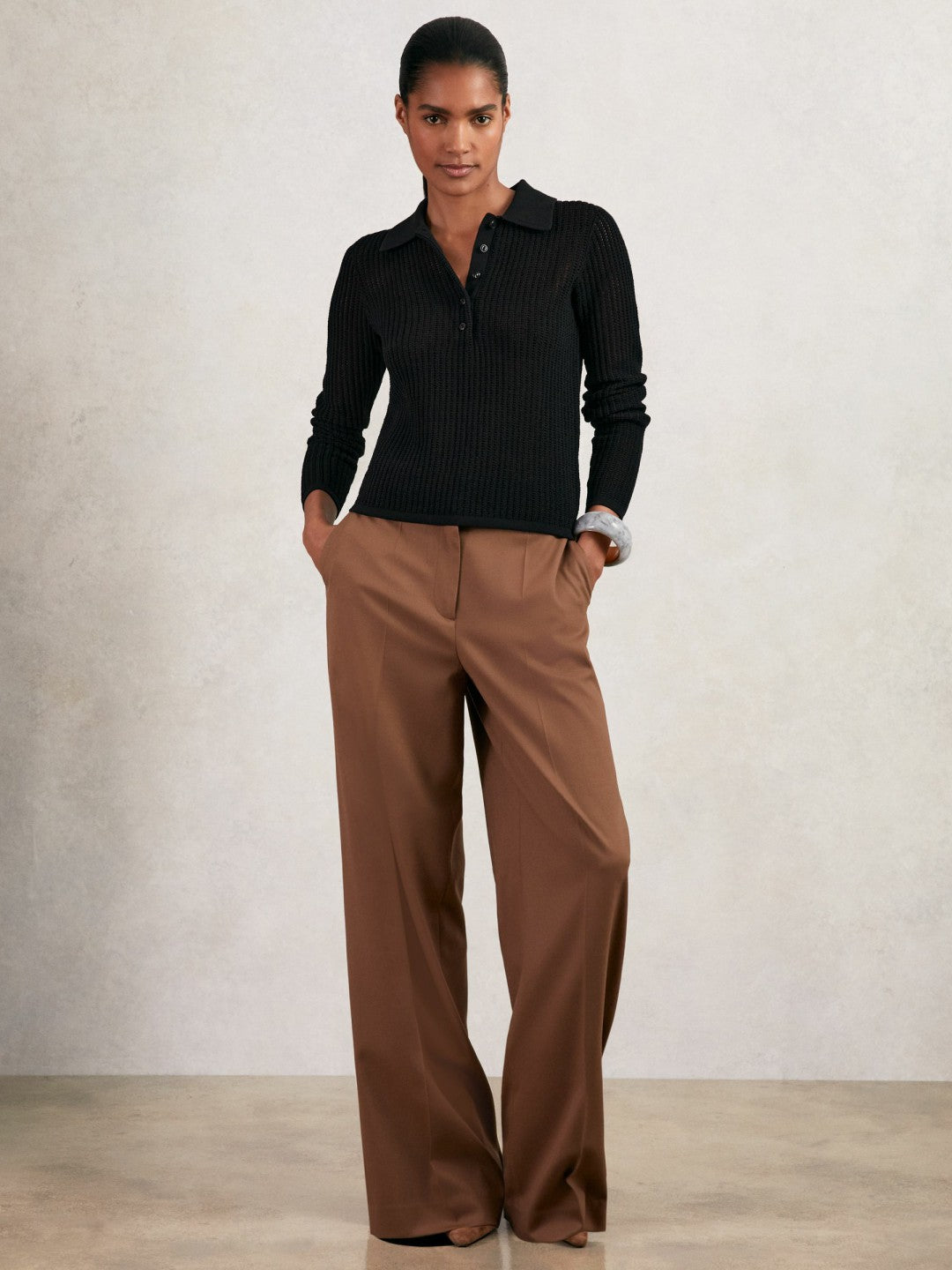 Open-Knit Long-Sleeve Polo Top in Black