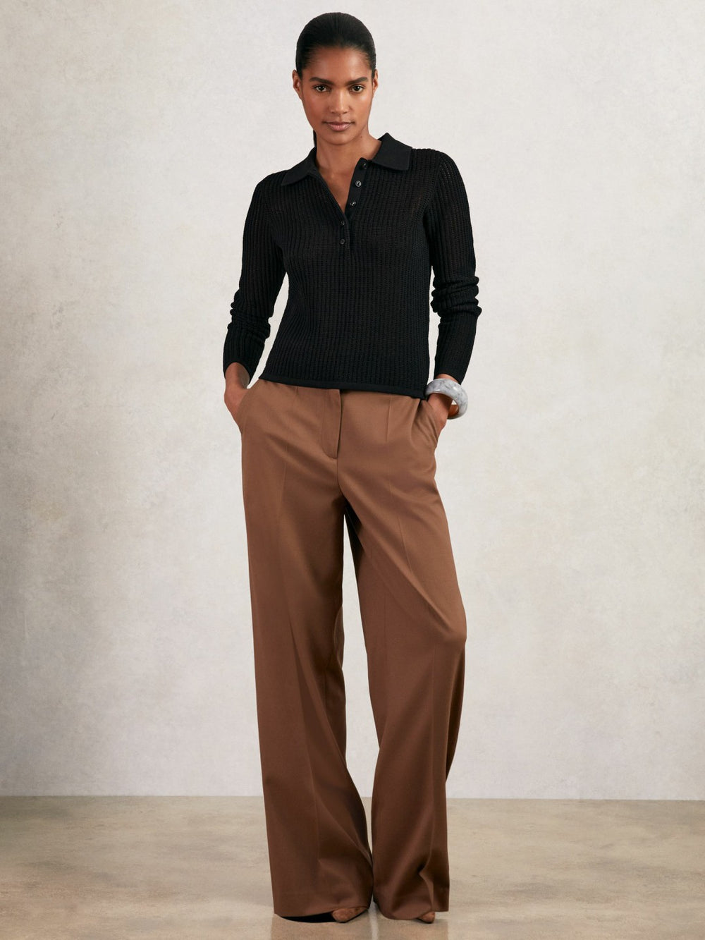Open-Knit Long-Sleeve Polo Top in Black
