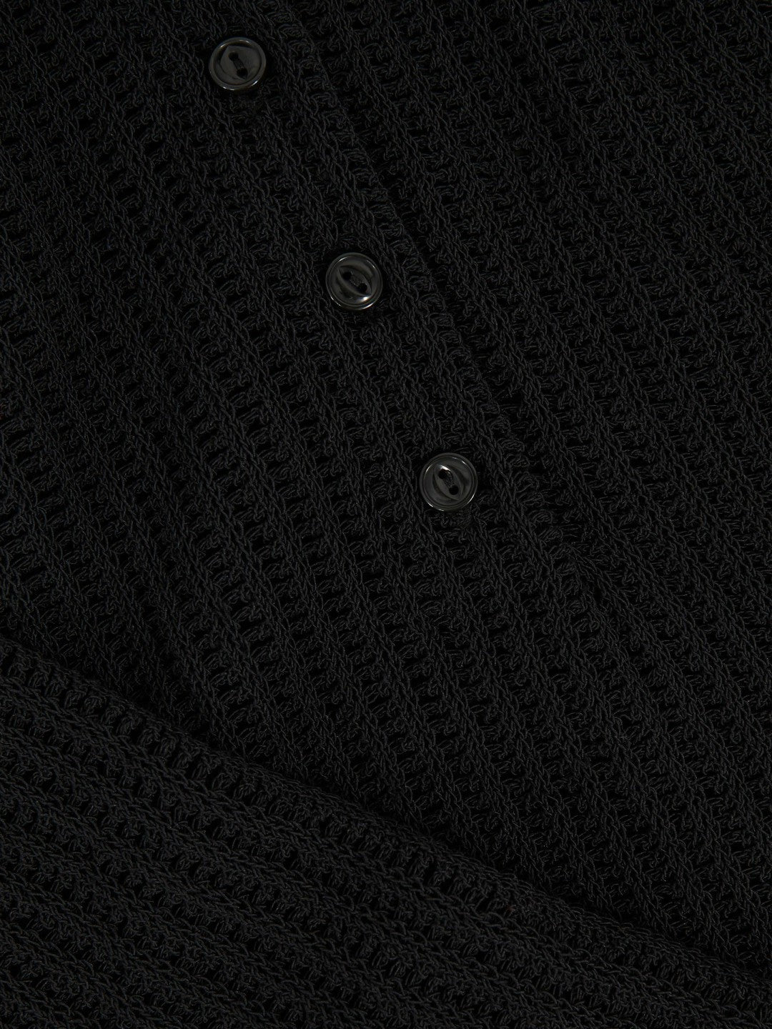 Open-Knit Long-Sleeve Polo Top in Black