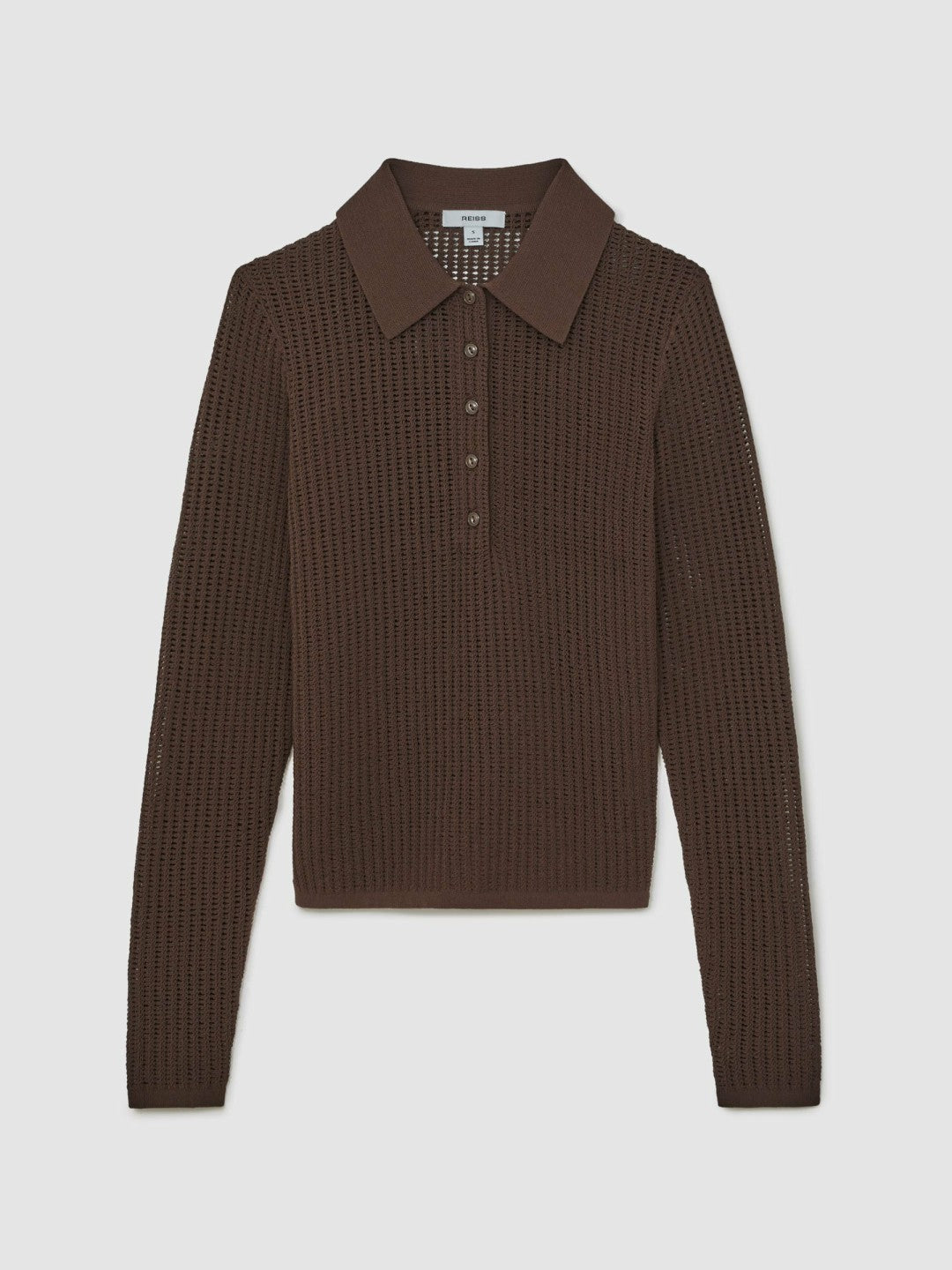 Open-Knit Long-Sleeve Polo Top in Chocolate Brown