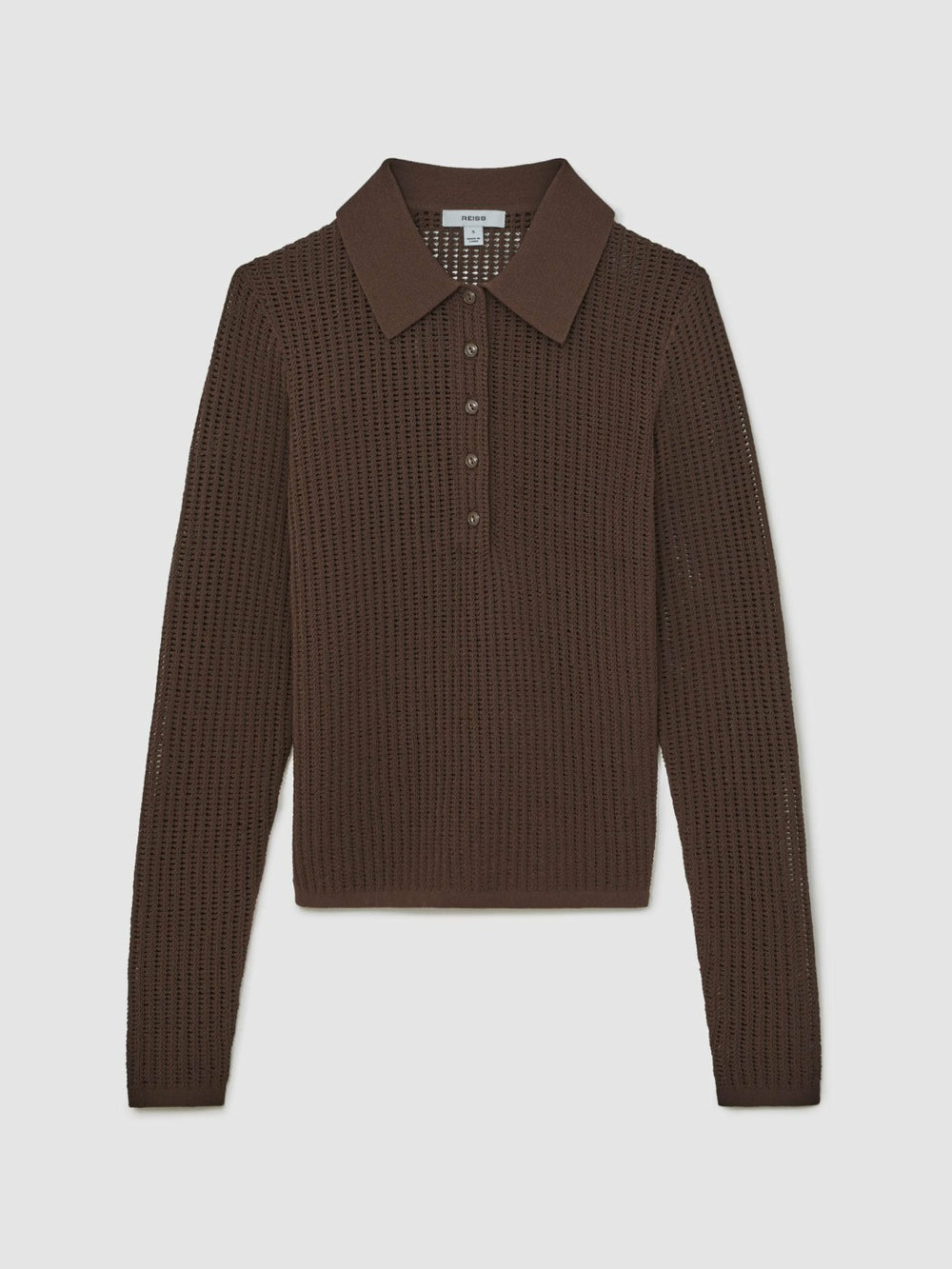 Open-Knit Long-Sleeve Polo Top in Chocolate Brown