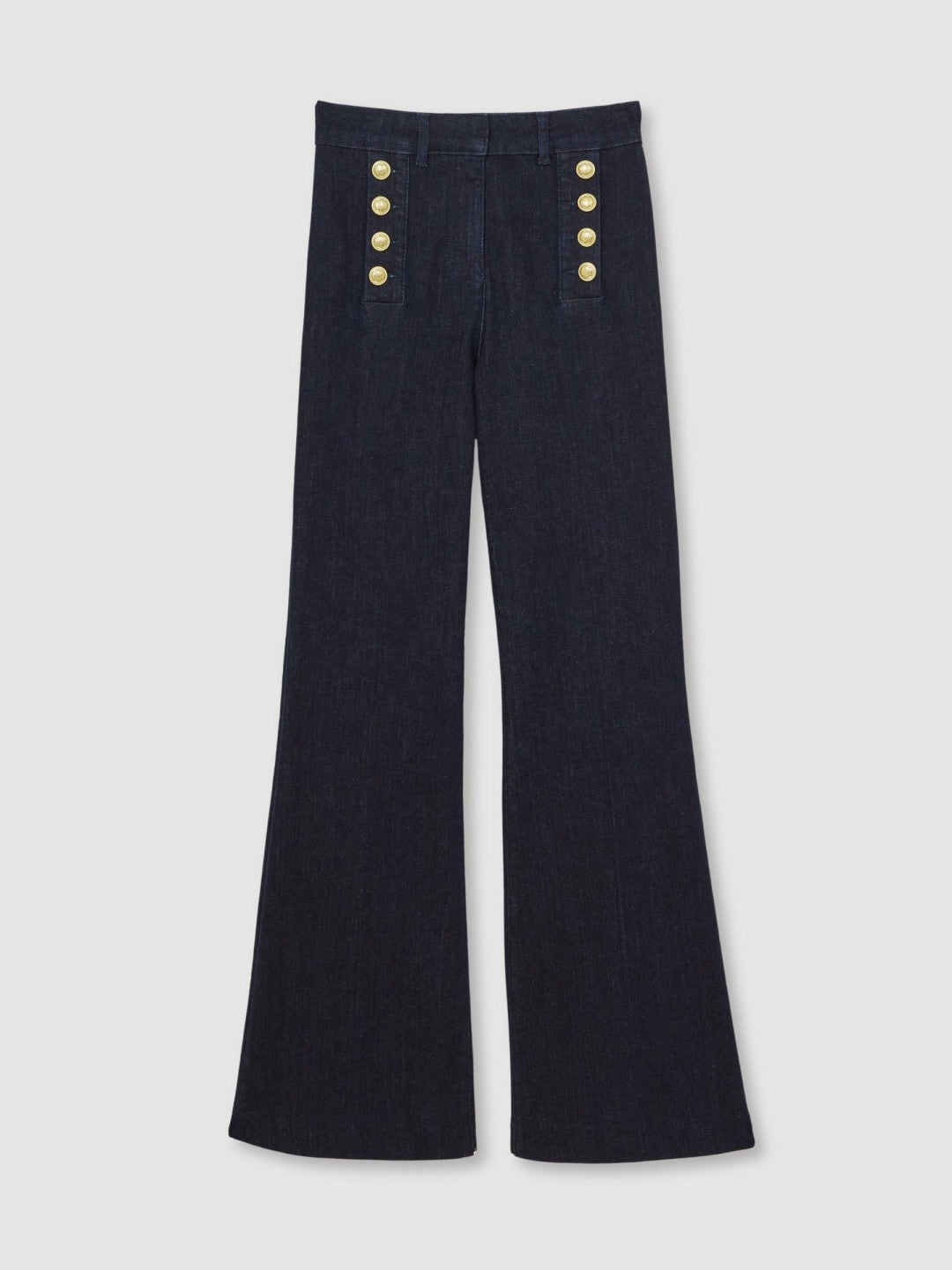 Petite Button-Detail High-Rise Flared Jeans in Dark Blue