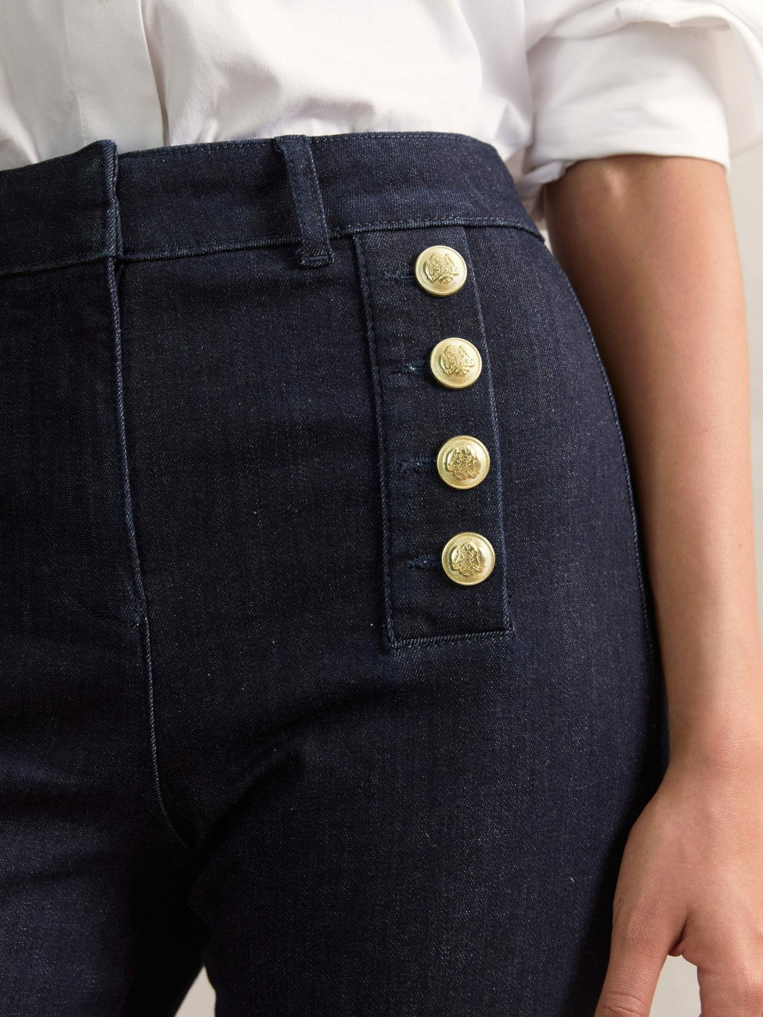 Petite Button-Detail High-Rise Flared Jeans in Dark Blue